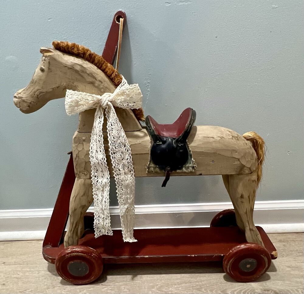 Antique Primitive Folk Art Wooden Horse Pull Toy on Wheels Leather Saddle 22”